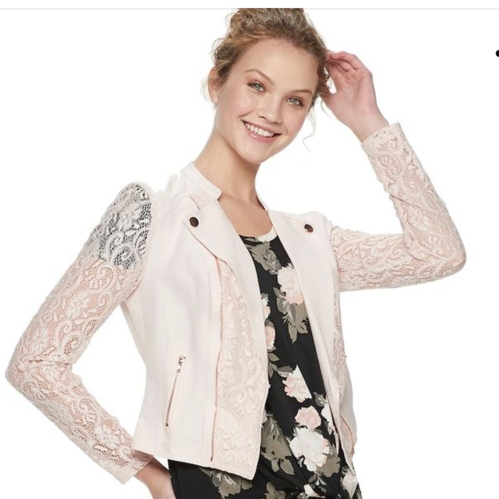 Candie’s Lace Moto Jacket in soft light pink, rose gold hardware from Kohl’s